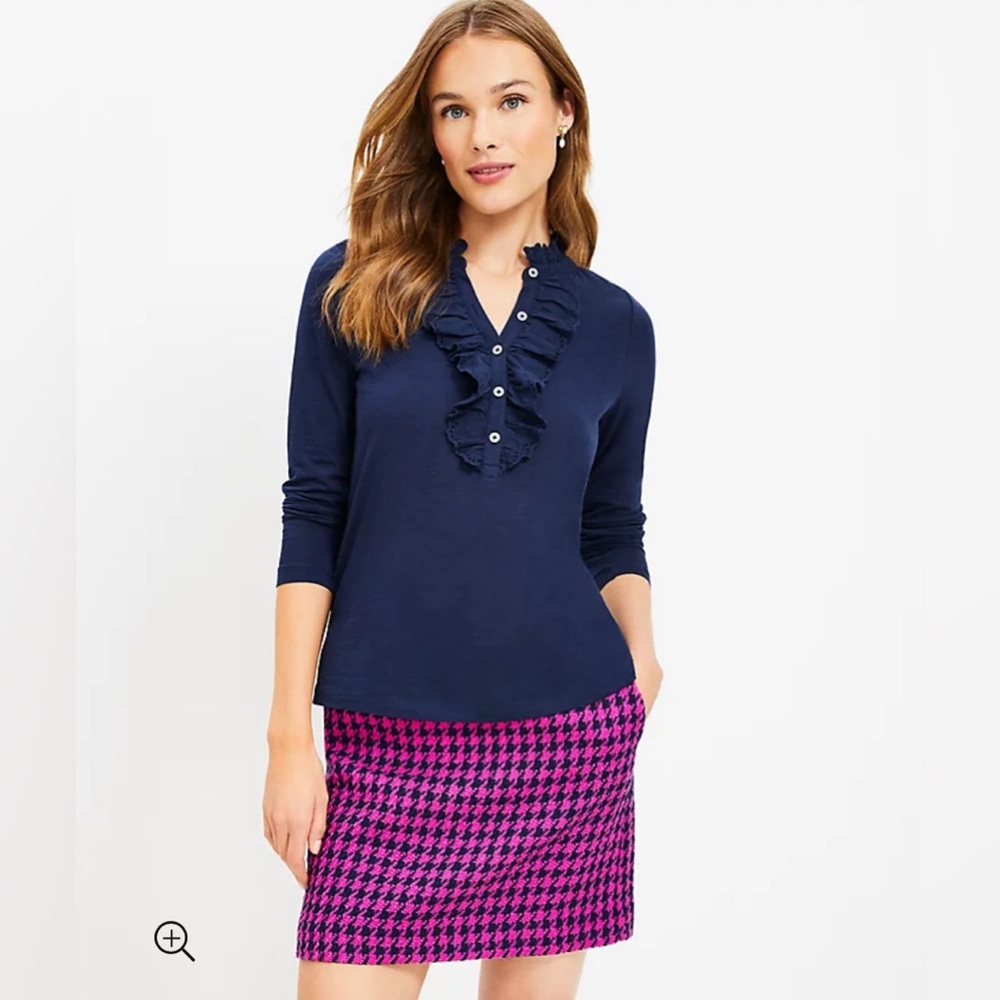 LOFT NWT Eyelet Ruffle Henley Top‎ - Navy